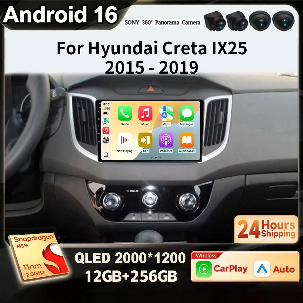for Hyundai Creta IX25 2015 - 2019 Android 16 2K QLED Car radio Auto Carplay Auto radio Multimedia player DVD 4G WIFI BT GSP