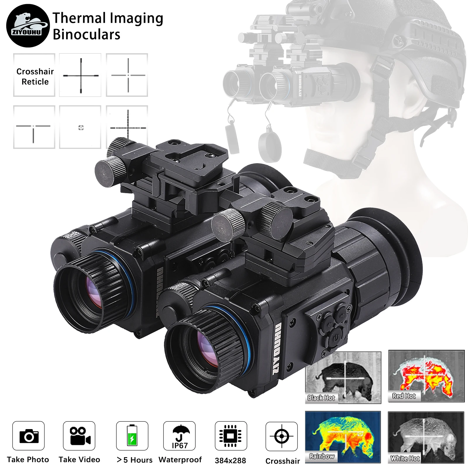 Outdoor Head Mounted IR Thermal Imager Binoculars, Cross Cursor, Heat Aiming, for Hunting,Infrared Night Thermal Imaging Goggles