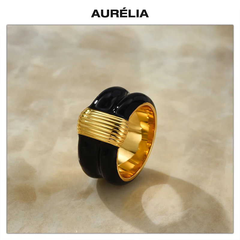 France Retro Black Gold White Wide Ring Women Europe Designer Jewelry Party Trend