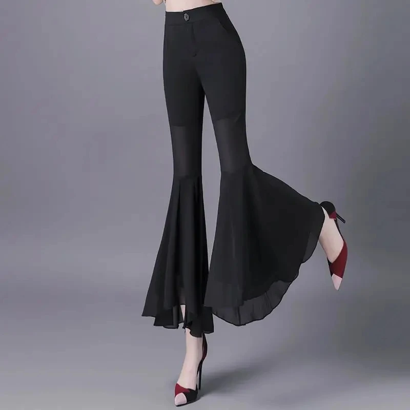 Korean high-waisted nine-point floral chiffon flared pants new fashionable foreign slim drape wide-leg pants women summer A872