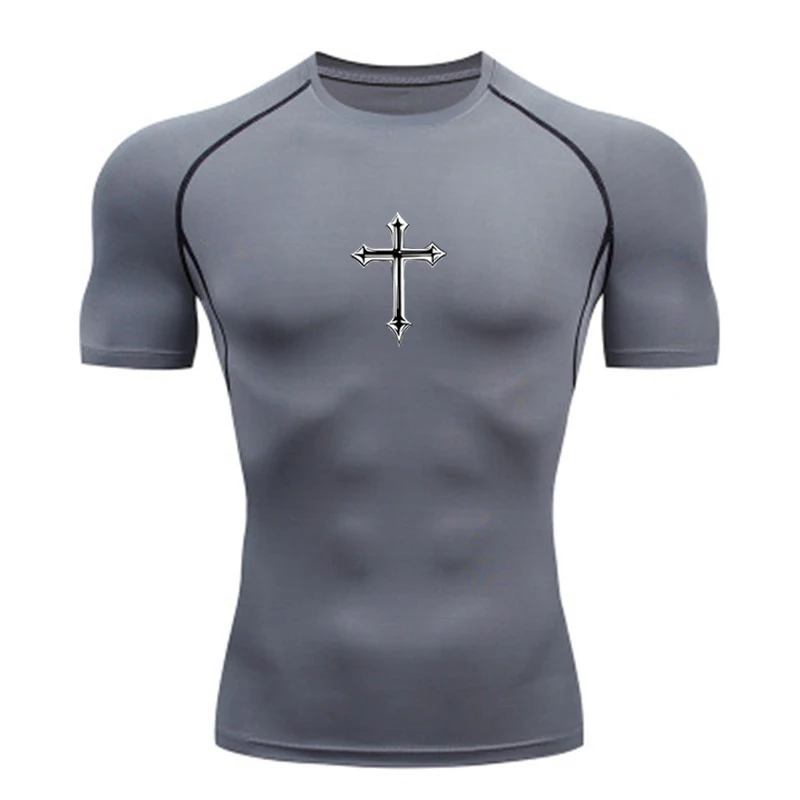 Camiseta masculina de compressão com estampa cruzada, camiseta esportiva cristã, camiseta, camiseta de ginástica, treinamento, corrida, protetor de erupção