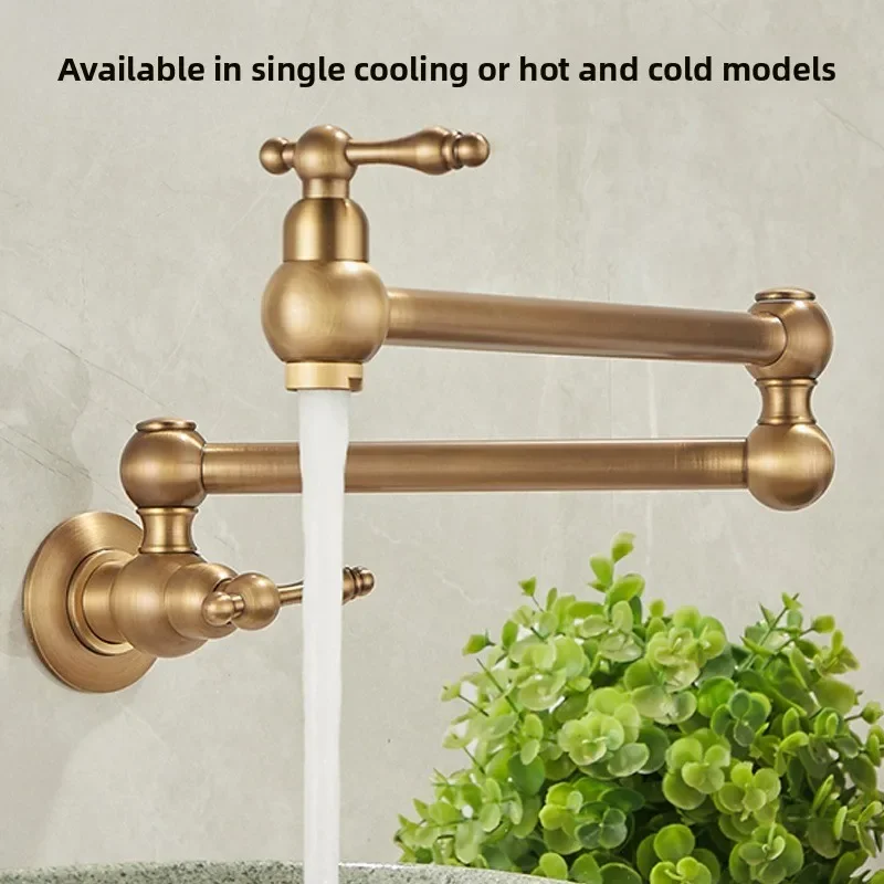 Kitchen Copper Single-Cold Water Tap Retro Foldable Swivel Extendable Antique-Style In-Wall Mounted Stove Hot & Cold Water Tap