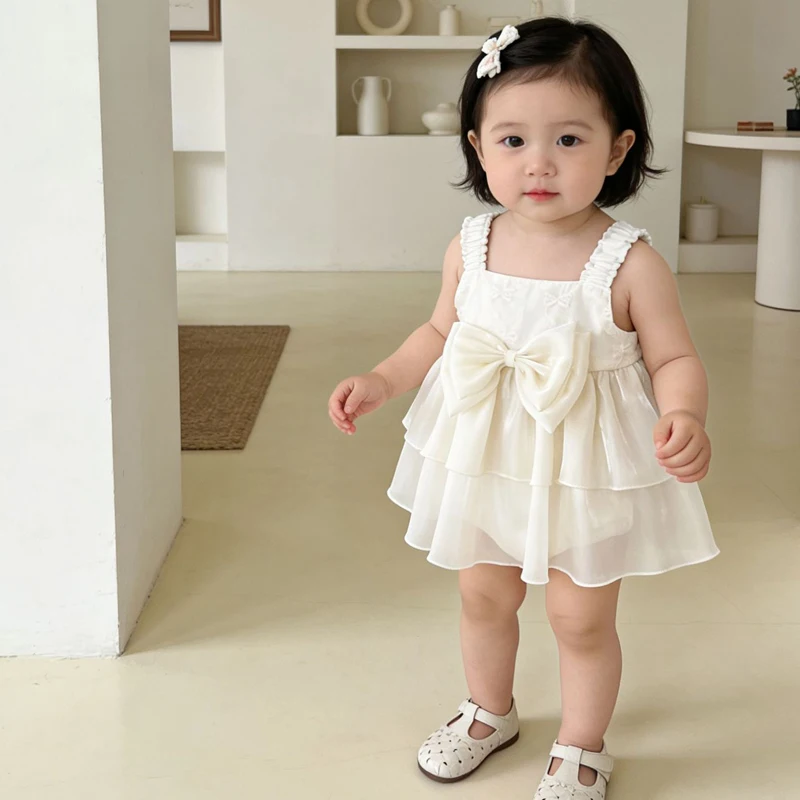 IYEAL Baby Girl Princess Bodysuit Dress, Sleeveless Ruffle Strap Square Neck Dress with Big Bow and Layered Ruffle Hem