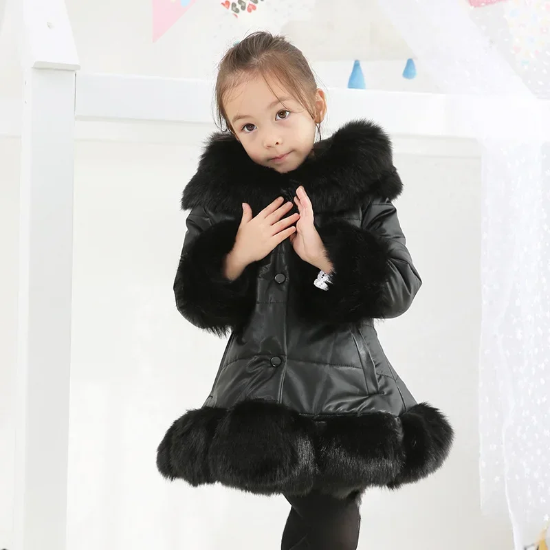 Girls Winter Thick Coat 2024 New Korean Children Clothing Children PU Leather Fur Medium Length Hooded Cotton Coat