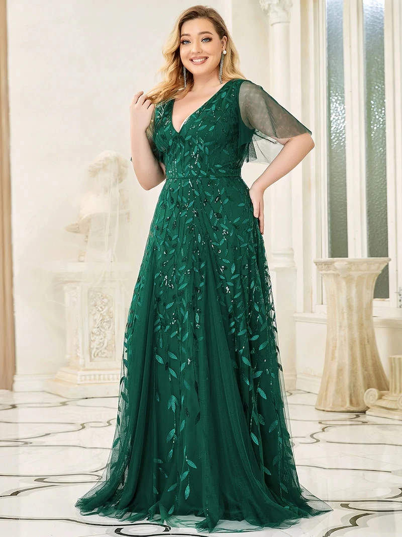 Plus Size Evening Dresses Long A-LINE Deep V-Neck Half Sleeves Floor-Length Gown 2025 Ever Pretty of GauzeDark Green Women Dress