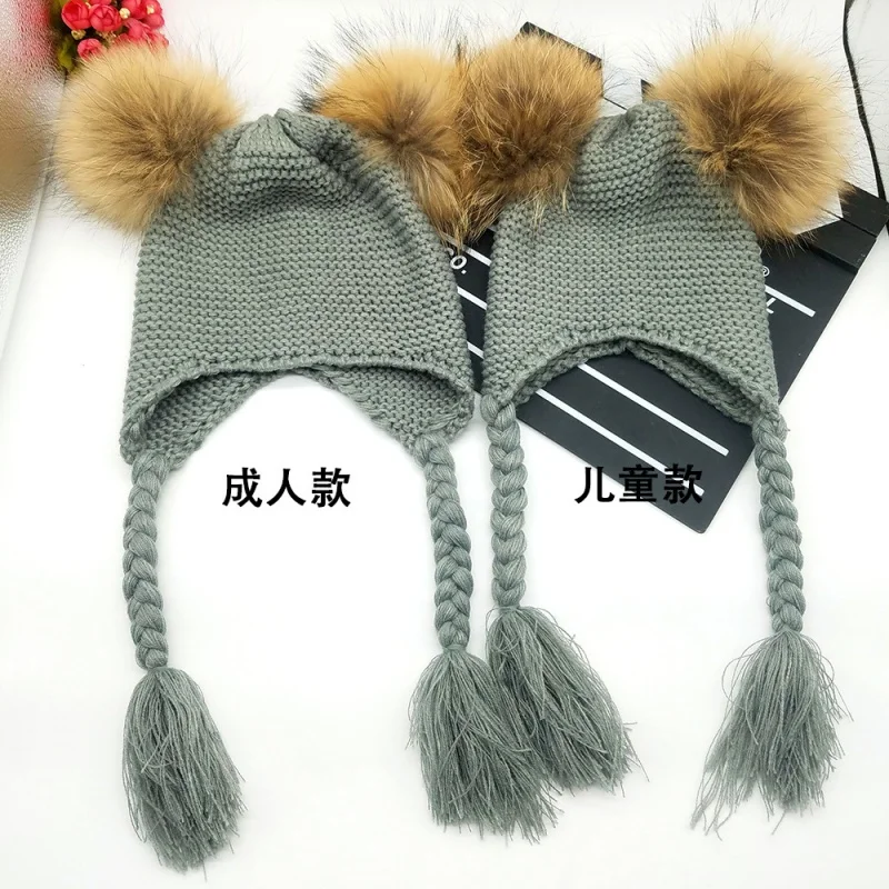 Children\'s Autumn and Winter Korean Warm Girls\' Sleeve Cap Baby Double Fur Ball Knitted Woolen Cap Boys\' Real Fur Hat Fashion