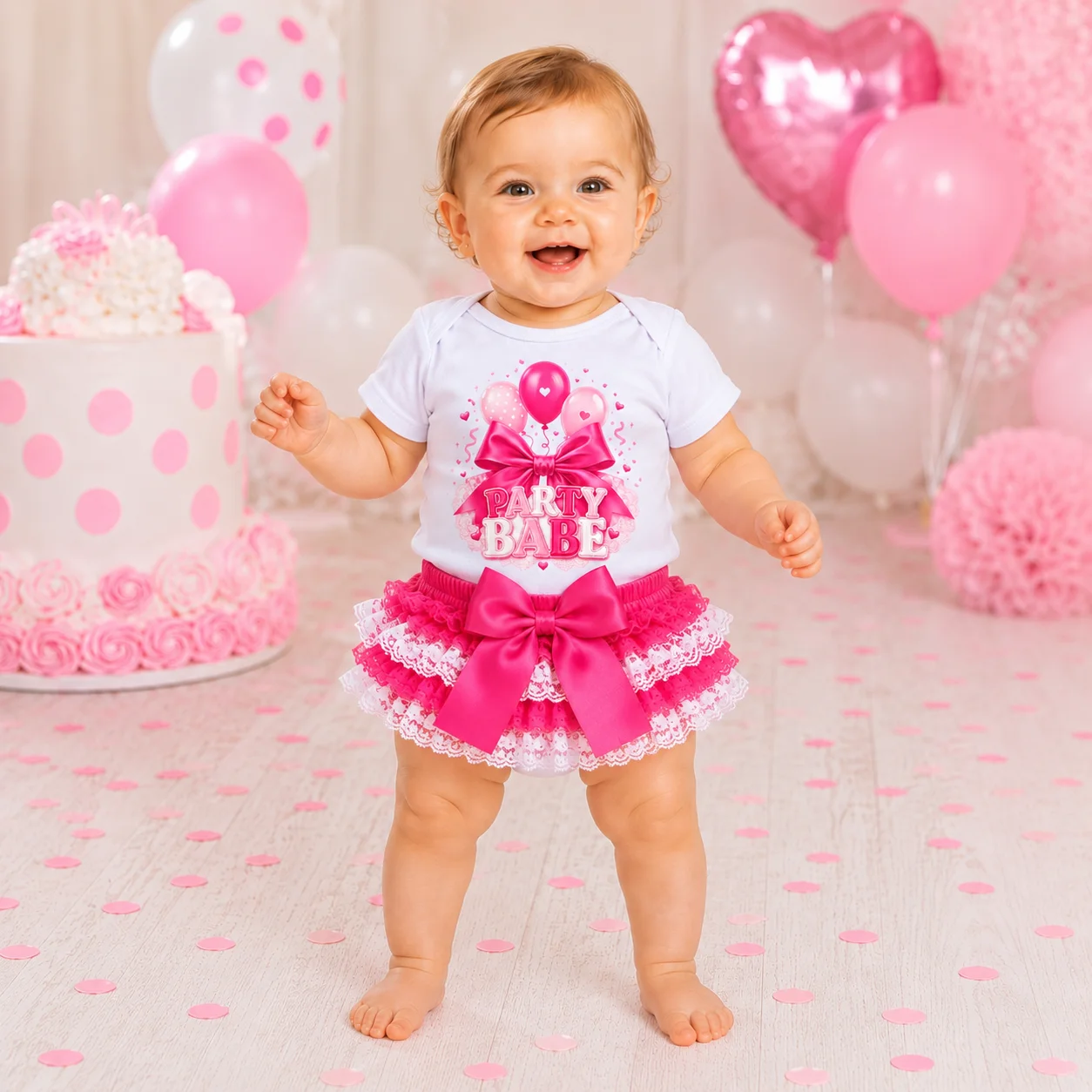2Pcs Baby Girl Party Babe Outfit Short Sleeve Balloon Print Bodysuit Lace Ruffle Tutu Bloomers Big Bow Newborn Birthday Party Ph