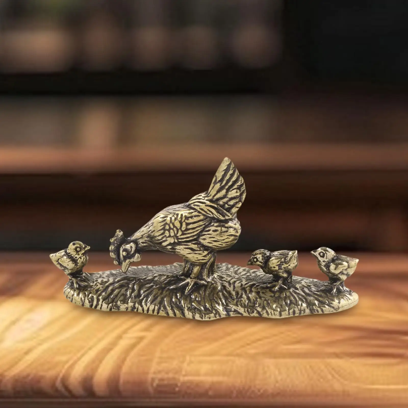 Brass Mother Chicken and Kids Tea Pet Miniature Adorable 8.1x4.5cm Desktop Ornament Mini Sculpture for Tea Room Accessory Sturdy