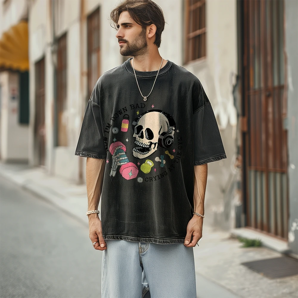 Music fitness Skull HighStreet Trend Portrait Print Short Sleeve T-shirt for Men Y2k  Harajuku Hip Hop Casual Loose Shirt Unisex