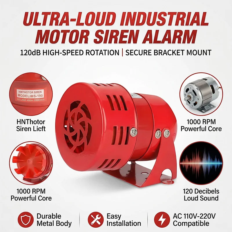 120dbモーターサイレンms-190、金属筐体付き220v産業用警報サイレン、工場や作業場向けの高出力音声警告警報器