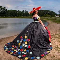 Black Princess Quinceanera Dresses Ball Gown Off The Shoulder Ruffles Appliques Sweet 16 Dresses 15 Años Mexican Customized