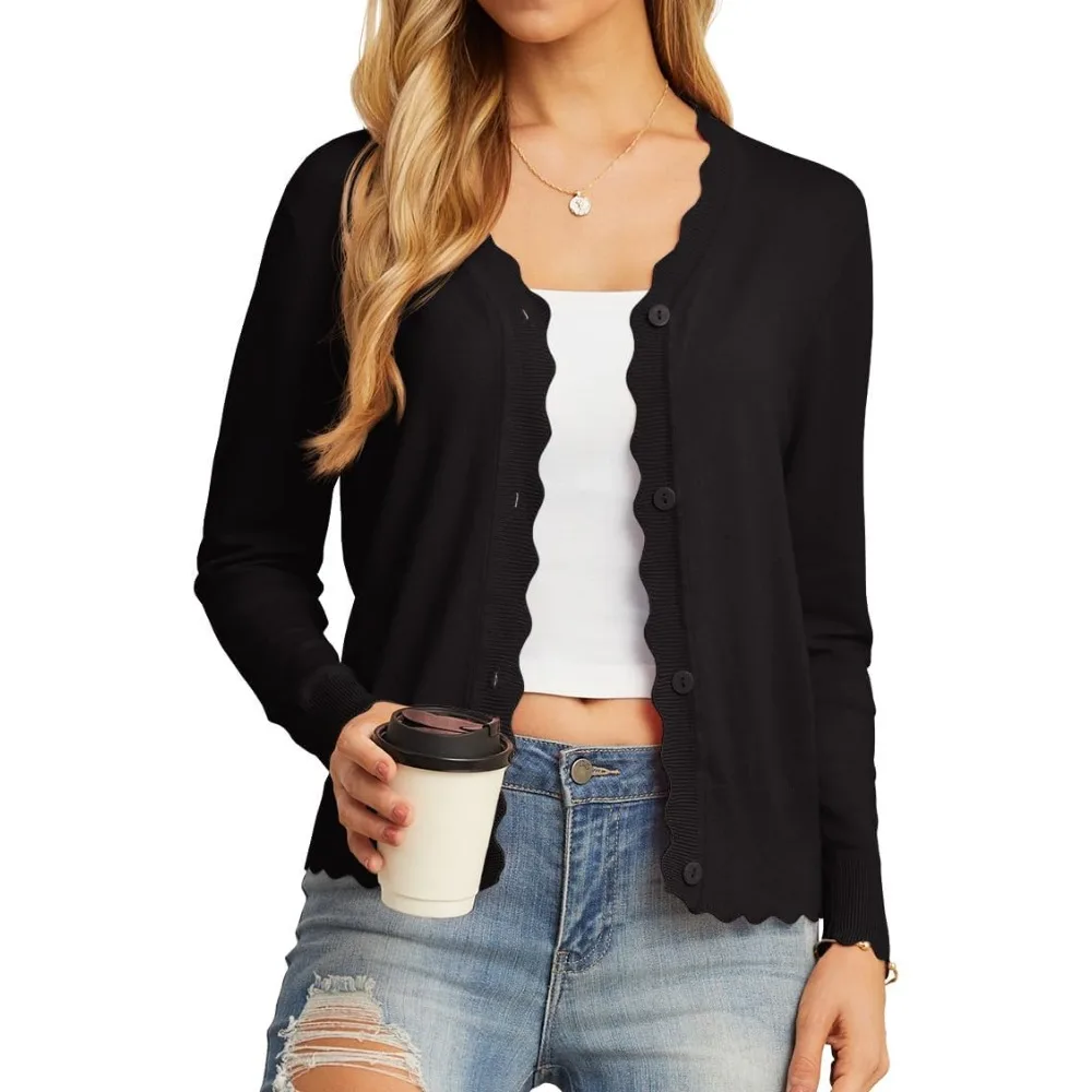 

Women's Long Sleeve V-Neck Button Down Cardigan, Lightweight Ribbed Knit Shrug Sweater with Pockets
