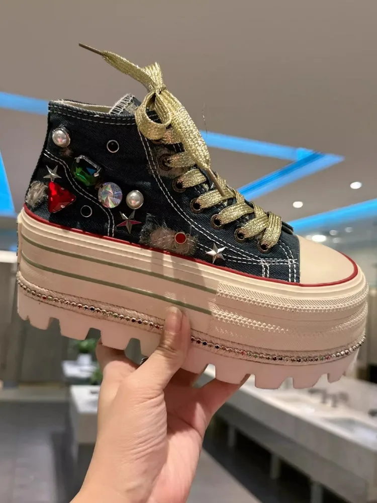 Fashion Women Thick Platform High Top Canvas Shoes Diamonds Beads Casual Pumps Spring Summer New Height Increasing Denim Shoes