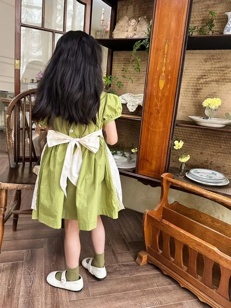 2024 Summer Embroidered Patchwork Lace Up Girls Dress Lapel Princess Dresses Mori Girl Style Green Short Sleeves Kids Clothing