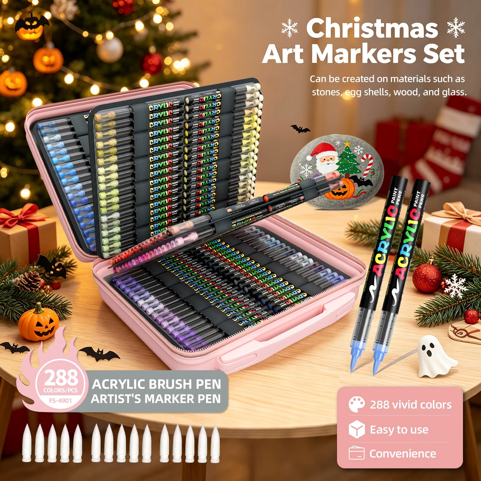 288-Color Acrylic Marker Pens in Pink Christmas Gift Box, Multi-Material DIY Hand-Painted Graffiti Markers, Suitable for Painting on Stones, Shells, Wood, and Glass, Rich Color Art Creation Pens, Creative Christmas Handmade Gifts with Portable Storage Bag