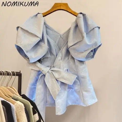 Nomikuma-Camisa de manga abombada para mujer, blusa informal con lazo y cuello en V, Top de moda sólida coreana elegante, 2023