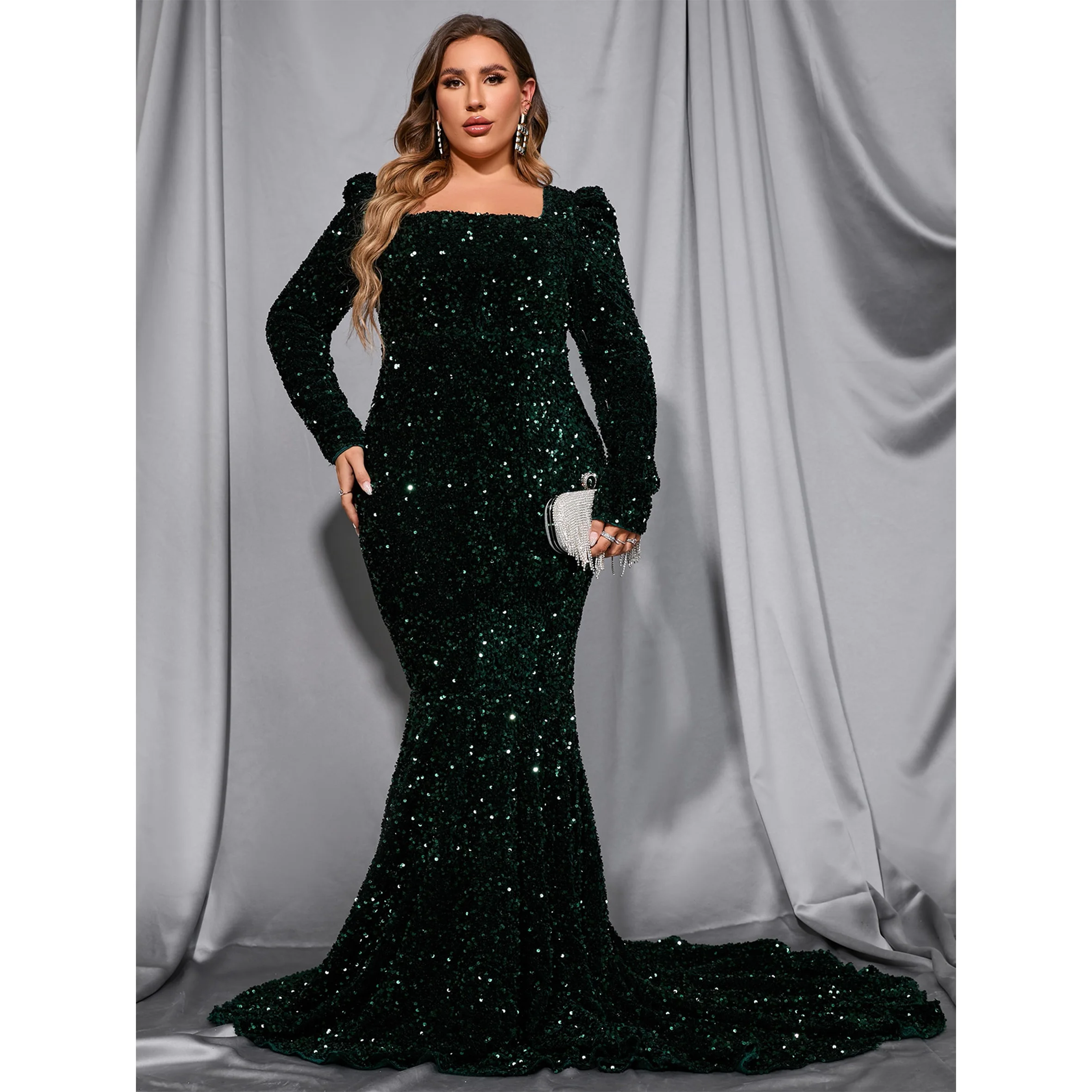 Elegante vestido de noche de sirena con lentejuelas y cuello cuadrado de talla grande con mangas de burbuja, perfecto para galas con lazo negro, eventos de resort de lujo