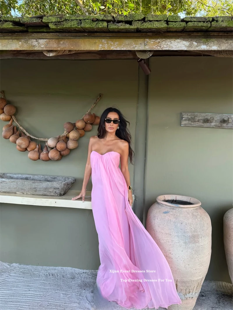 Xijun Modern Pink Chiffon Evening Dresses Pleated Sleeveless Sweetheart Formal Prom Dresses Floor Length Beach Dresses Customize