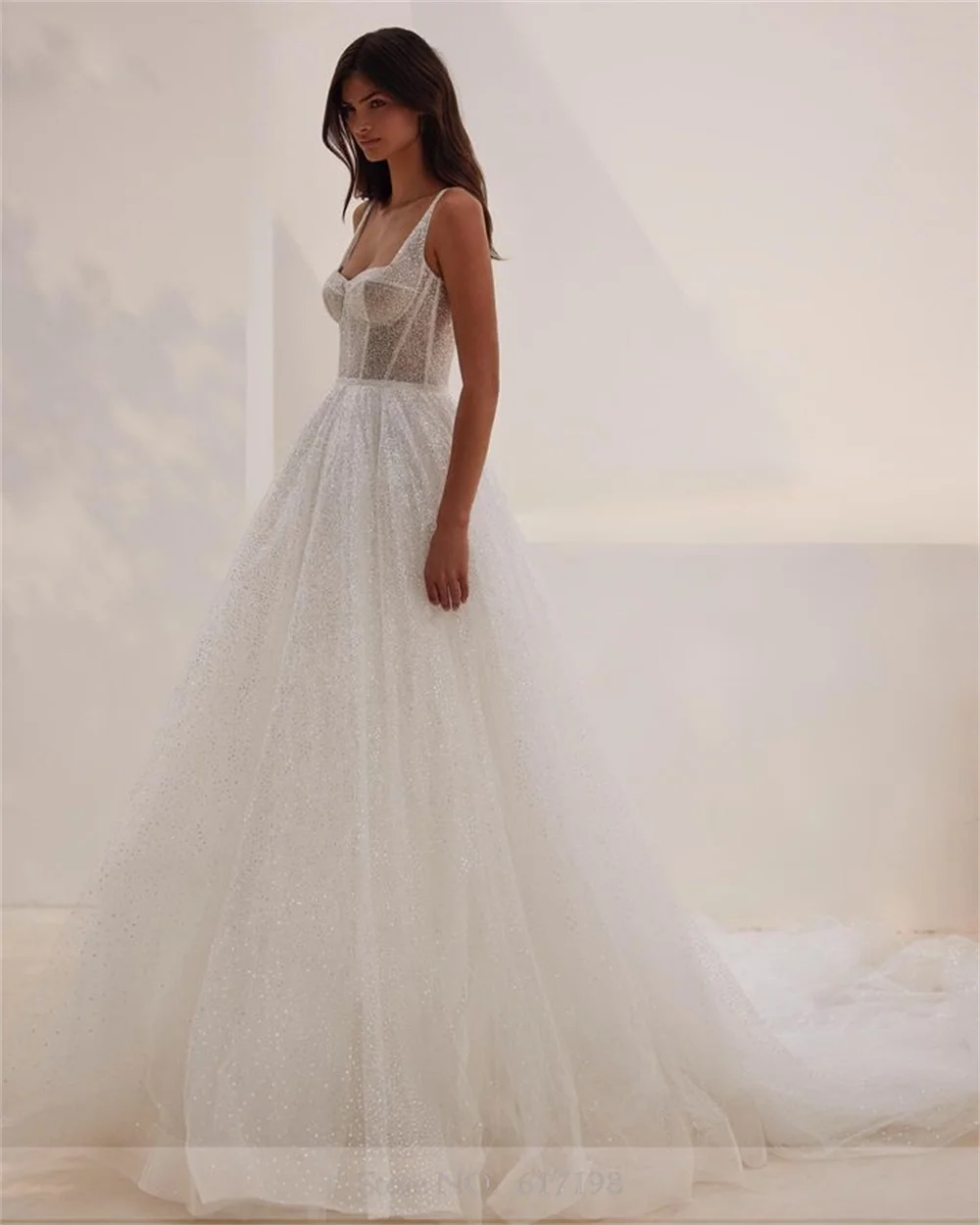 Abito da sposa pieghettato glitterato con paillettes con colletto quadrato per le donne abito da festa nuziale senza schienale a-line Court vestido novias boda