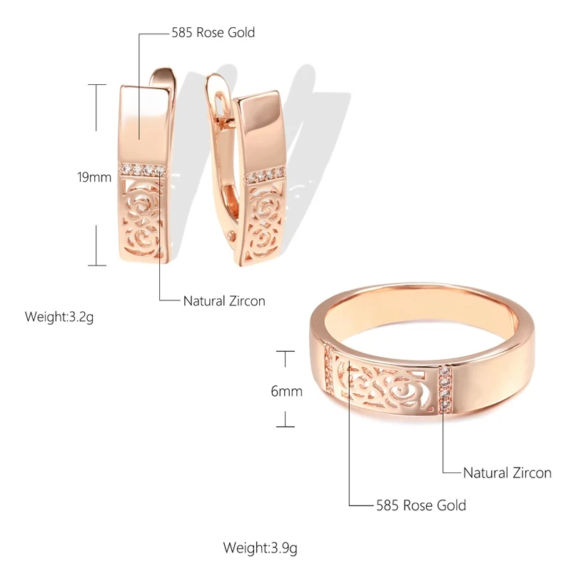 Wbmqda Hollow Flower Drop Earrings Ring For Women 585 Rose Gold Color With White Natural Zircon Vintage Ethnic Jewelry Sets