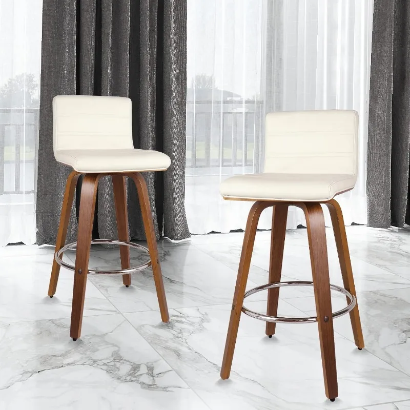 29 Inch Swivel Bar Stool with Back Set of 2, Mid-Century Modern PU Leather Upholstered Bar Height Barstools Bentwood Bar Chairs