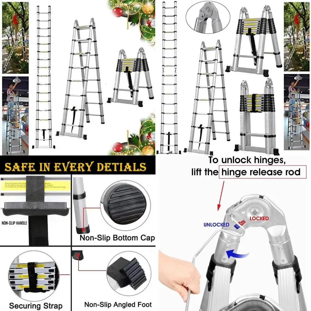 

Portable Aluminum A-Frame Telescoping Ladder 16.5ft Extension 16 Steps EN131 Certified 330lb Capacity