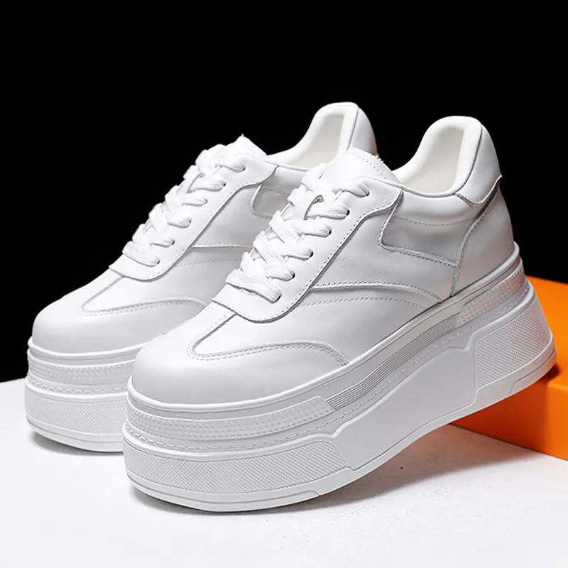 

Fashion Women White Shoes Genuine Leather Elevator Platform Sneakers All-Match Casual Shoes Height Increasing Platform Shoes