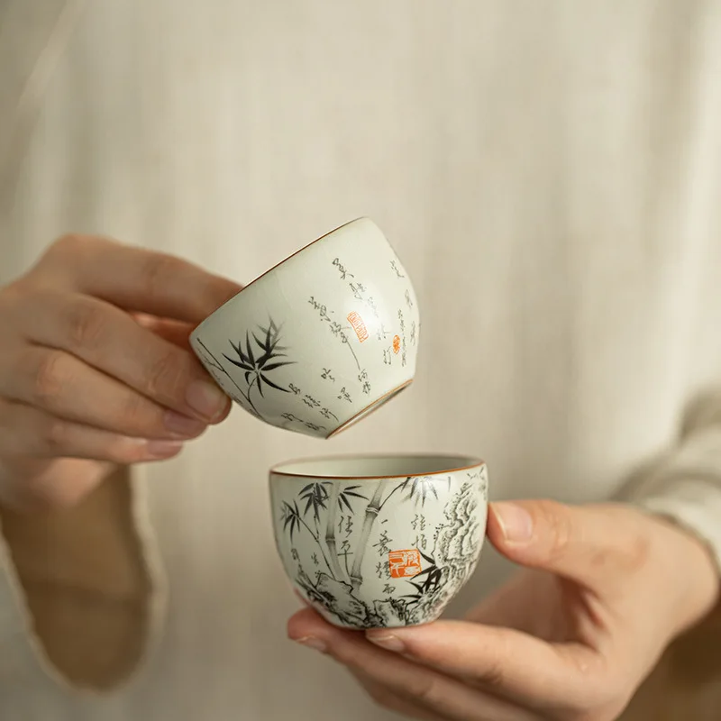 

1 pc Chinese Traditional Ru Kiln Ceramic Tea Cup Handmade bamboo leaf Teacup Household Tea Bowl Personal Meditation Cup Teaware