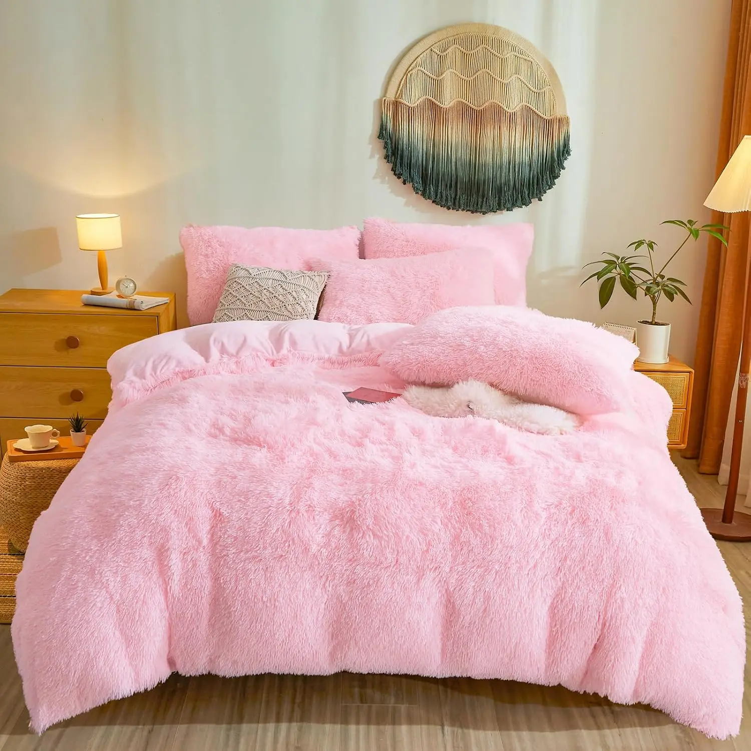 

Fluffy Pink Faux Fur Queen Bedding Set - Plush Duvet Cover & Pillow Shams for Cozy Comfort