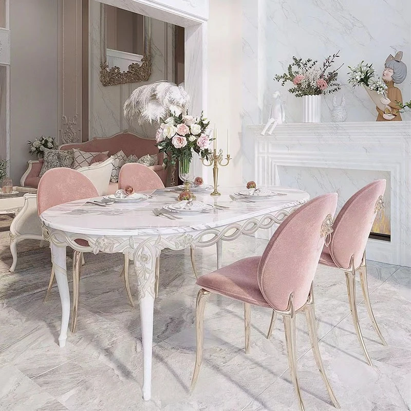 

Solid wood carving flower marble dining table and chairs romantic princess style oval dining table combination