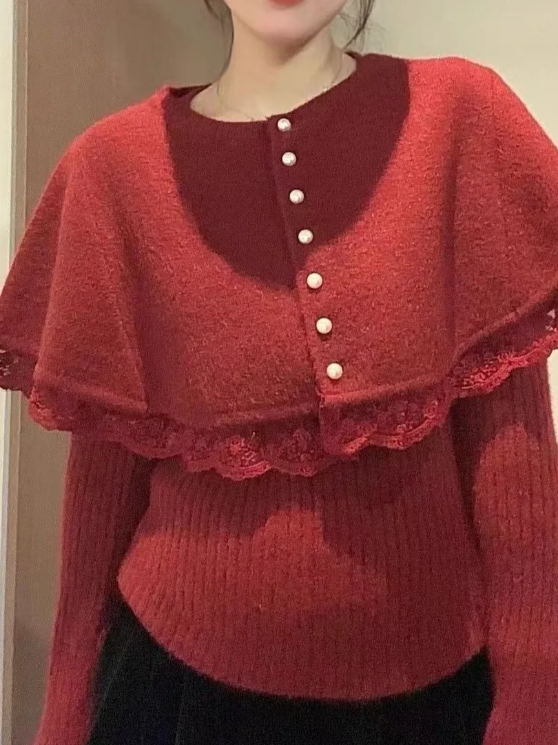 

Retro Sweet Lace Trim Splicing Cowl Ne Knitted Sweater And awl Two Piece Set for Women Autumn Winter Loose Fit Long Sve