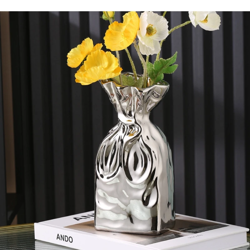 Ceramic Vase Fold Closing Silver Flower Irregularly Folded Terrarium Hydroponic Art Vases Pots Handicraft