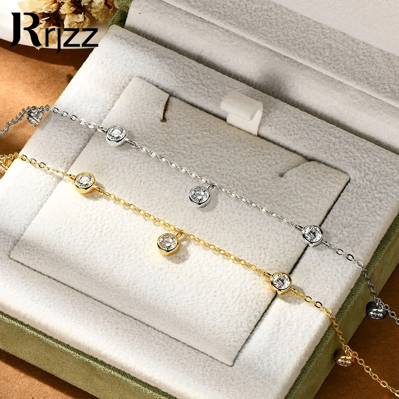 

Rrjzz 925 Sterling Silver Women Fashion Delicate Bracelet 4mm Round Cut Moissanite Bezel Bracelets for Female Fine Jewelry Gift