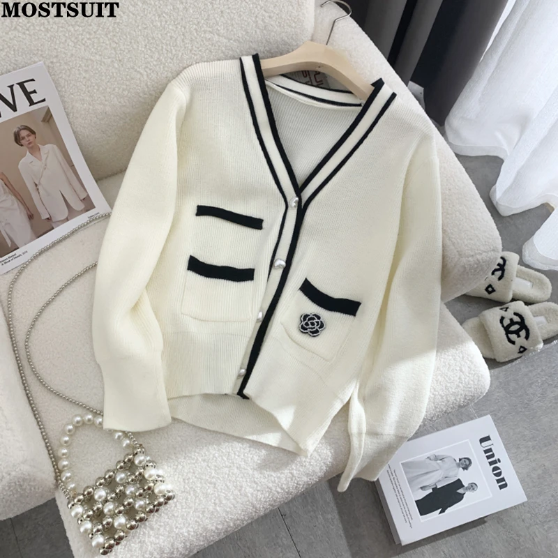 

Элегантный вязаный кардиган, женский свитер 2026, весенний трикотаж с длинным рукавом и v-образным вырезом, топы, корейские винтажные стильные шикарные женские джемперы