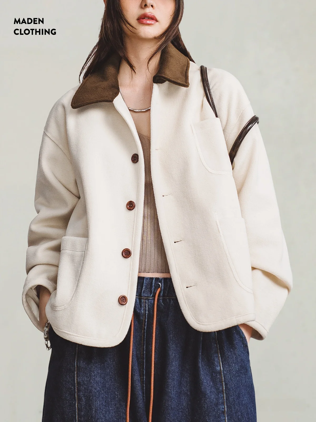 

Maden Retro Woolen Workwear Jaet Ladies Casual Turn-down Collar Hunting Coat Autumn Thiened Long Sve Polyester Fiber