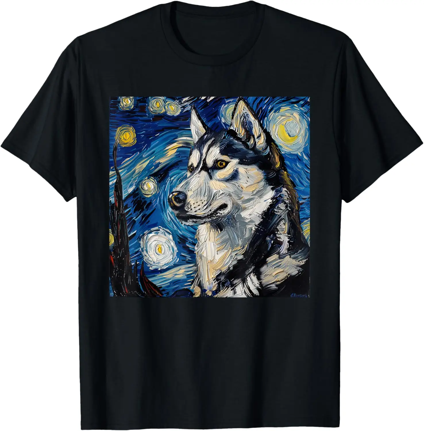

Siberian Husky Van Gogh Starry Night Graphic Tee Soft Cotton Short Sleeve T-Shirt for Men