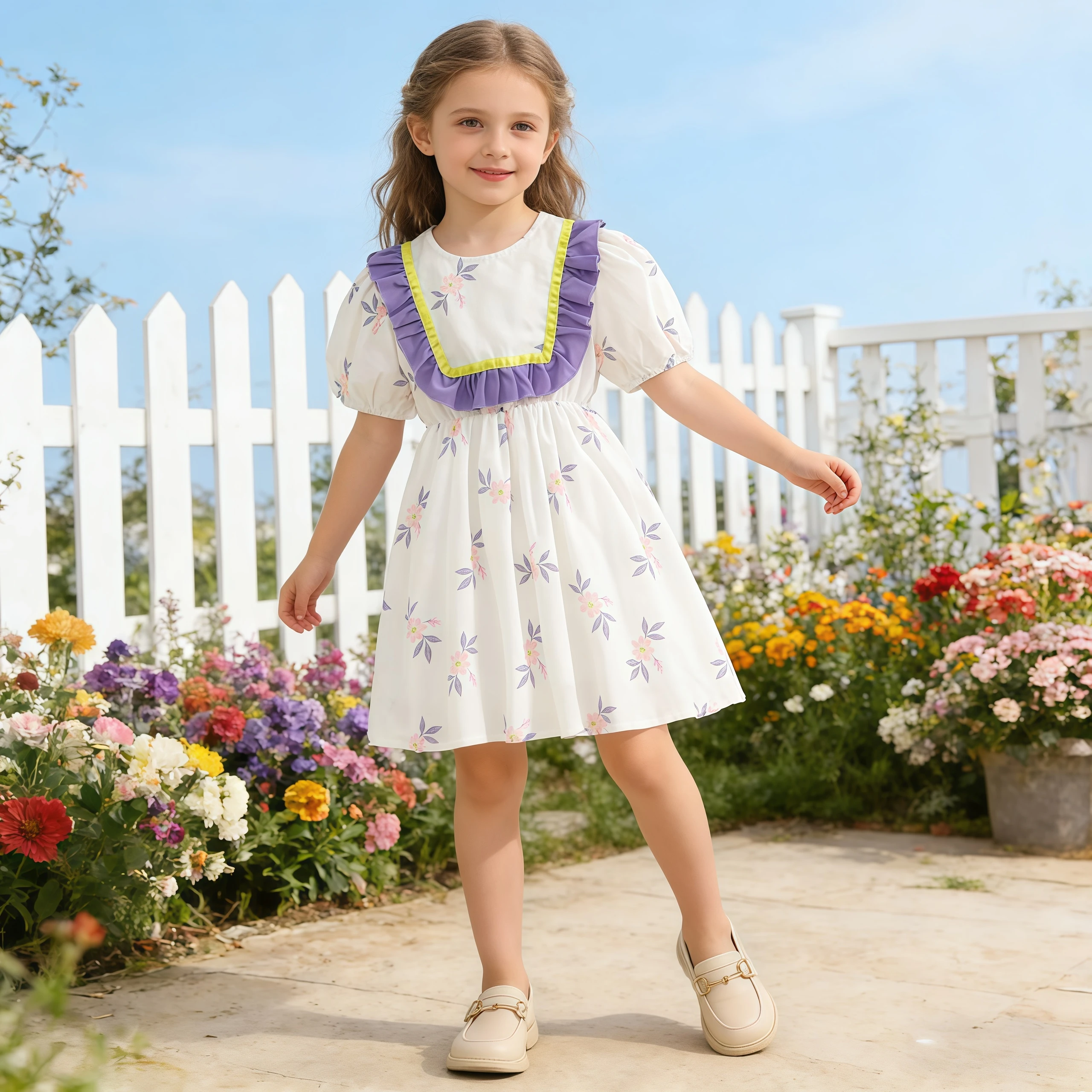 

Fashion Girls Summer Garden Style Sweet Flower Princess Dress Children's Clothing Ruffled Casual Holiday Wear O-Neck Clothes