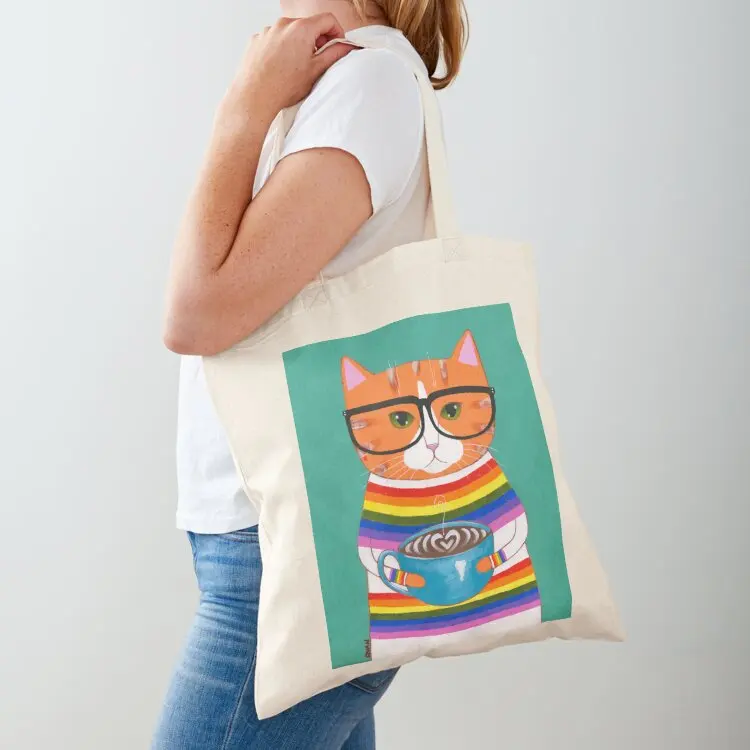 

Ginger Rainbow Coffee Cat Tote Bag tote bag men Big bag women Fabric Reusable bags