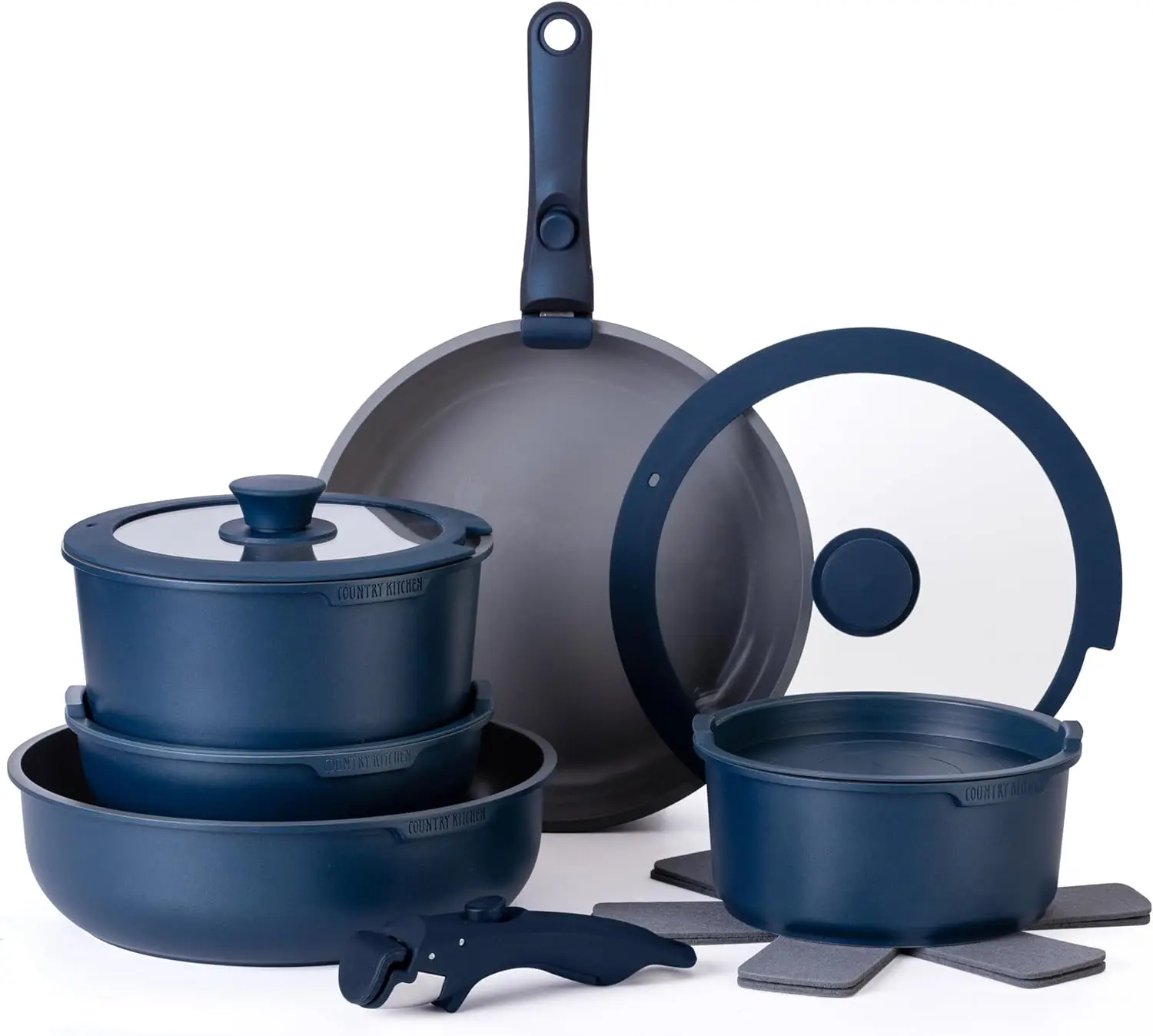 

16 Piece Pots and Pans Set - Safe Healthy Ceramic Coating Nonstick Kitchen Cookware with Soft Touch Removable Handle