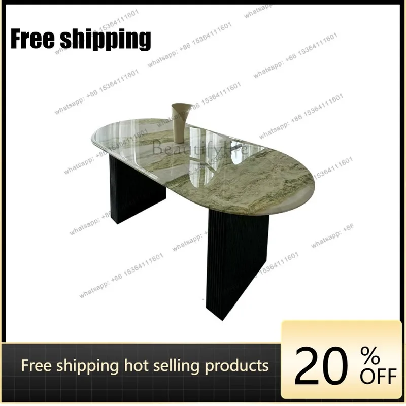 YJ pure natural green luxury stone dining table French cream style modern Nordic simple restaurant oval dining table