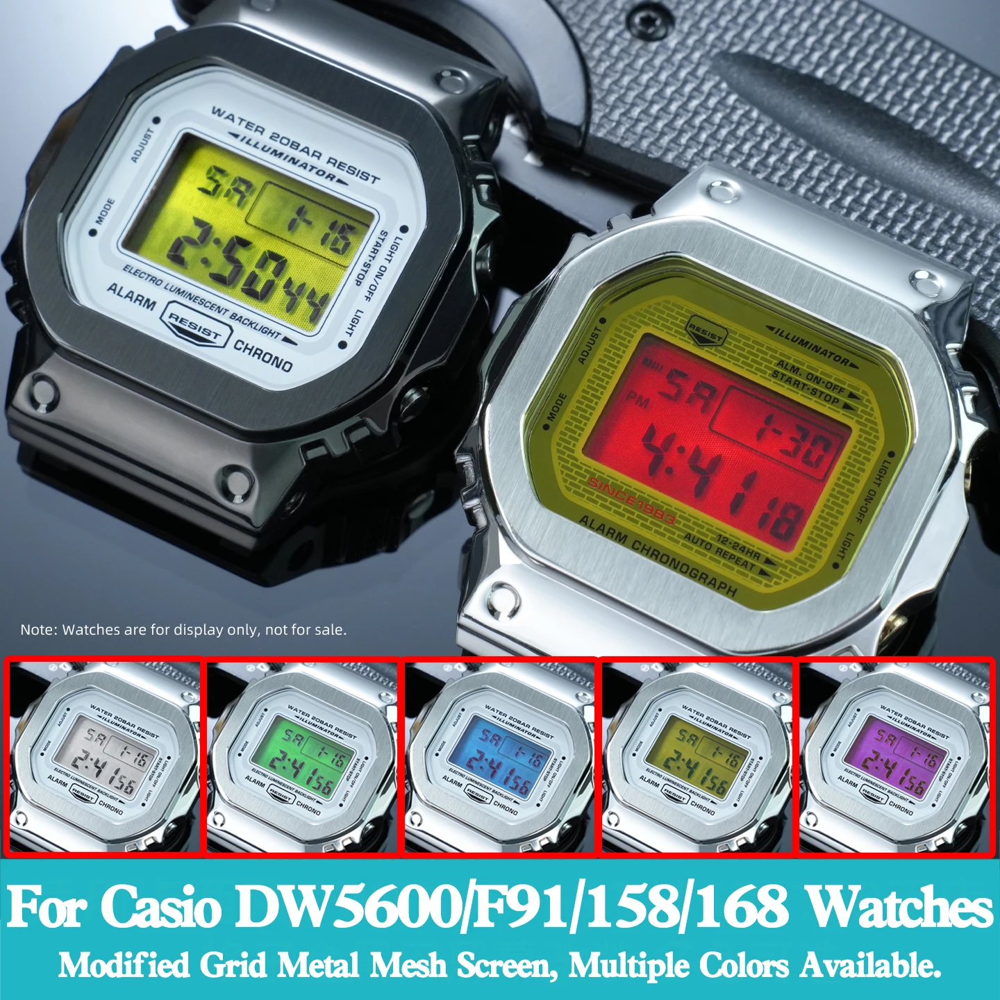 Piezas decorativas de repuesto para reloj Casio DW-5600 F-91W W-158 W-168, esfera de malla metálica verde, pantalla roja