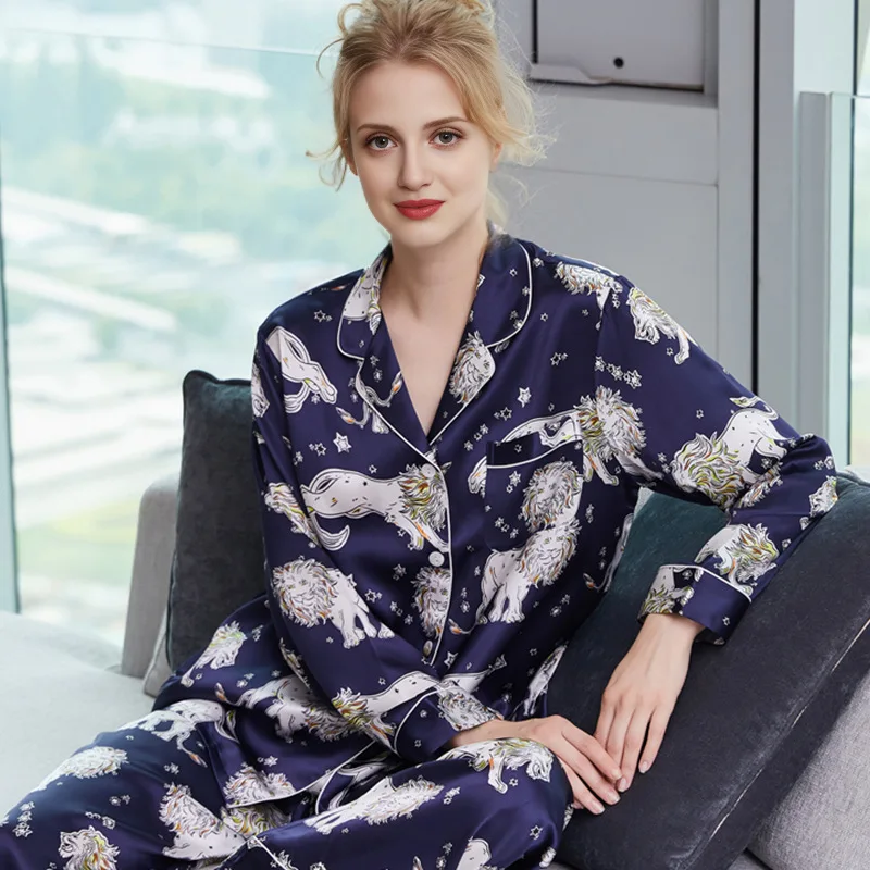 19 momme 100% genuine silk pajamas sets women sleepwear Elegant fashion lion animal pure natural silk pyjamas T8255