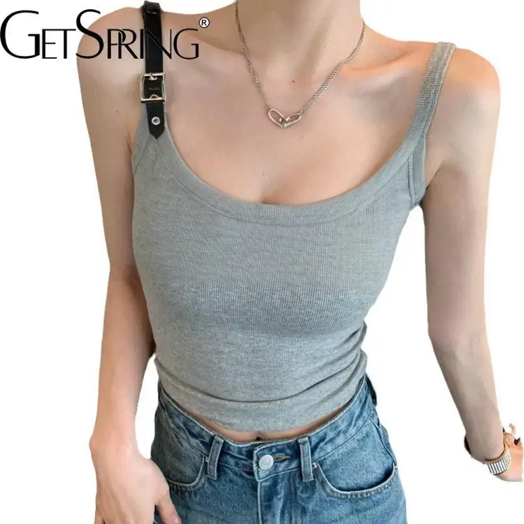 GetSpring Women Camis 2025 Spring Summer Fashionable Embroidered Leather Knitted Camisole Vest All Match Slim Thin Short Tops