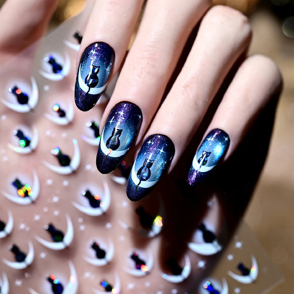 1/2PCS 5D Zwarte Kat Op de Maan Nail Art Sticker Leuke Cartoon Aurora Kleur Kitten Crescent Moon Starburst nail Decal NailSlider #