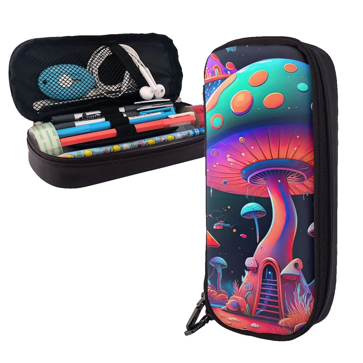 

Psychedelic Mushroom - A Trippy Journey Into The Unknown Leather Pencil Cases Pen Holder Large Storage Pen Box Pencil Bag