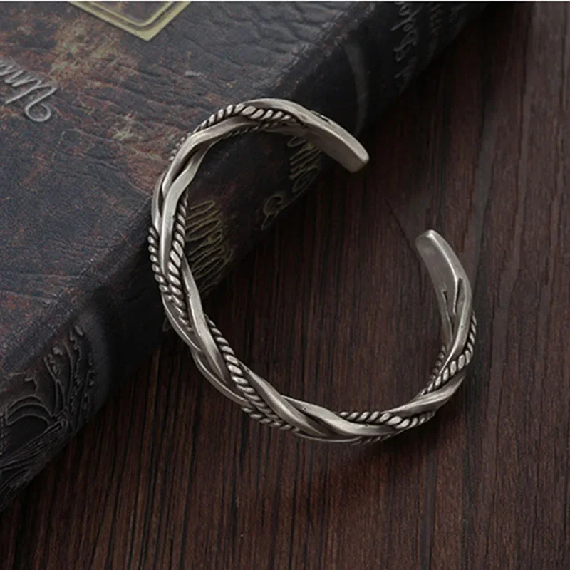 

Hot korean fashion 925 sterling silver Twisted Woven Bracelet man women Retro Original Handmade Opening bangle jewelry Gifts
