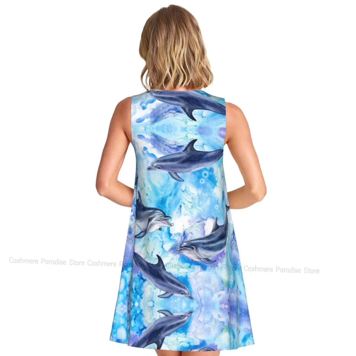 Damesjurk aquarel zeeblauw dolfijnen zomer casual T-shirt jurken strand cover-up tankjurk