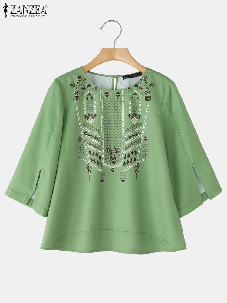 

ZANZEA Summer Printed Tops Women Blusas Vintage 3/4 Flare Sleeve Blouse Elegant O Neck Tunics 2025 Casual Pullover Oversized