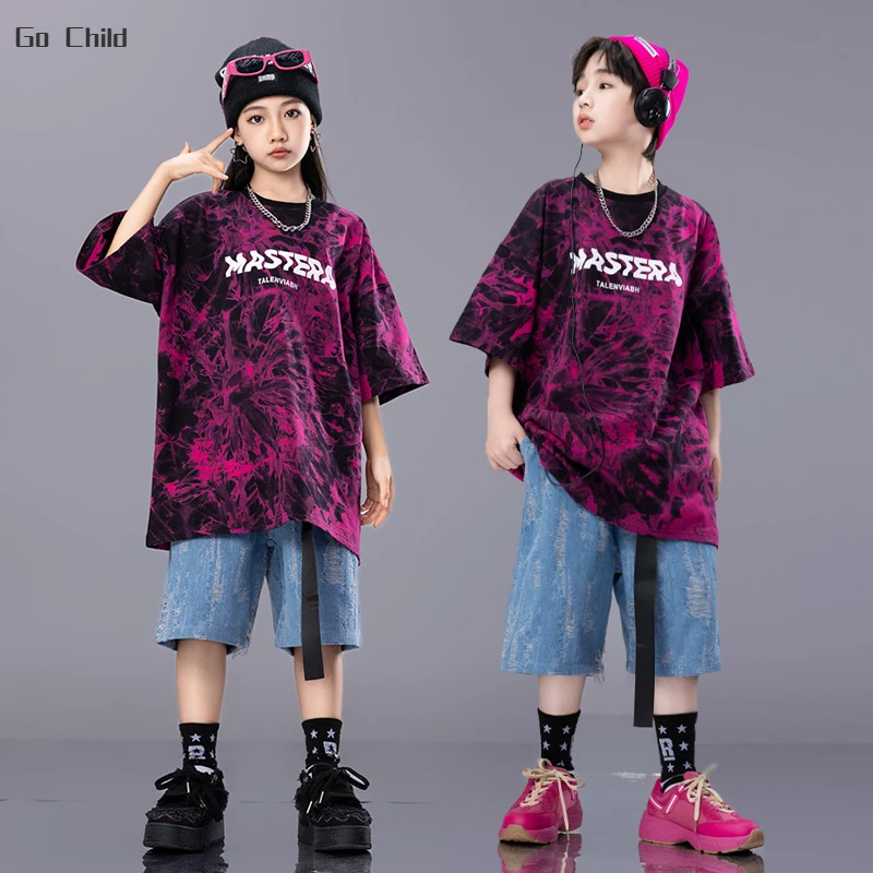 

Boy Hip Hop Tie Dyed T-shirt Denim Shorts Girl Cool Streetwear Clothes Sets Children Street Dance Jean Short Kids Jazz Costumes