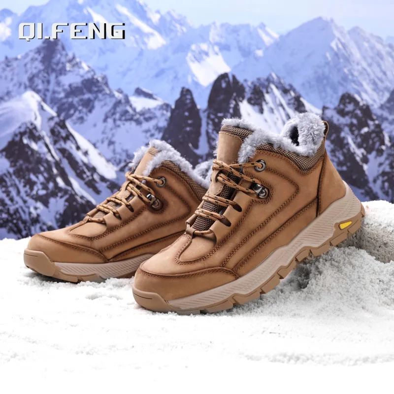 Winter New Outdoor Mountaineering Large Sized Footwear Snow Warmth Plush Genuine Leather Shoes Casual Non Slip Couple Sneaker